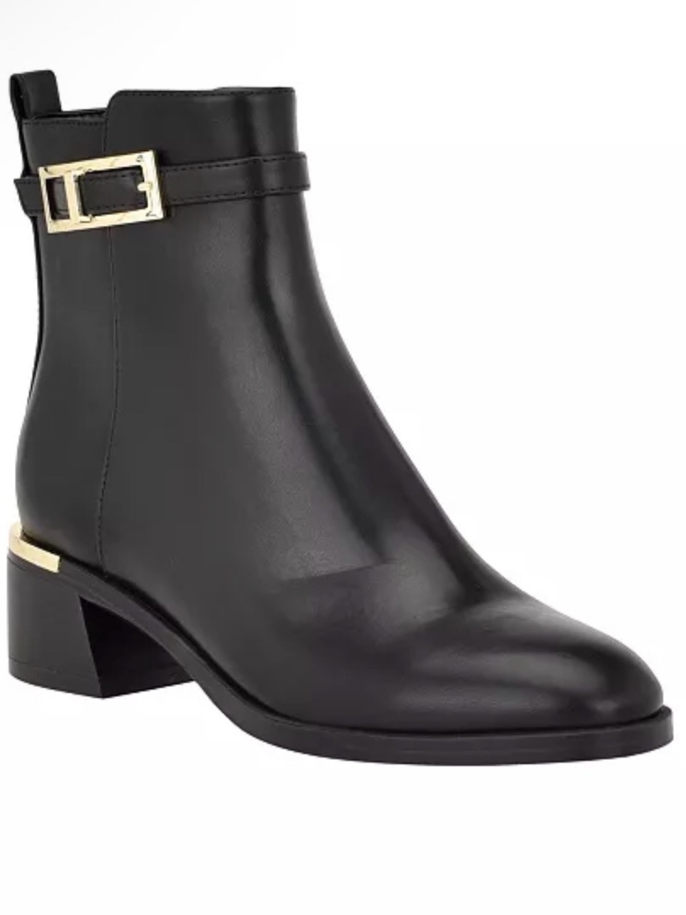 Calvin Klein Black Leather Ankle Boot with Gold Buckle Accent NIB Sz 8.5 M